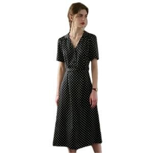 Simple Retro Black & White Polka Dot Satin Belted Aline Dress Small Retro 50s